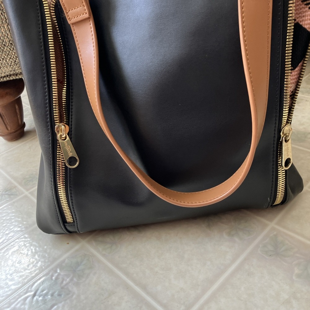 Spartina 449 Black Leather Tote Brown Handles Gold Zippers Plaid Accent 2 handle - Picture 8 of 10